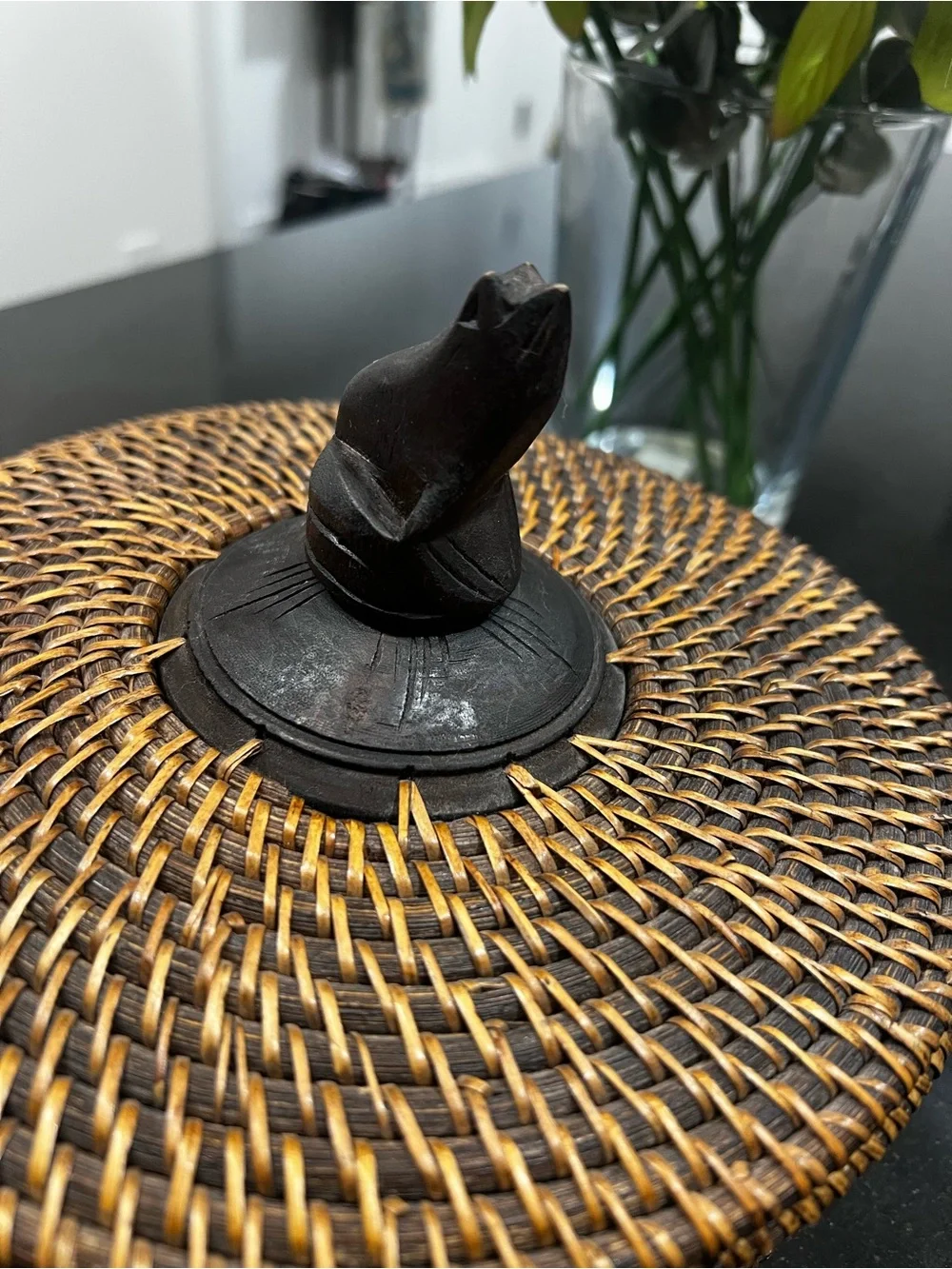 Vintage Indonesian Lombok Reed Basket with Carved Wooden Frog